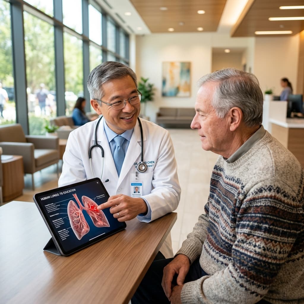 Doctor explaining tuberculosis using lung diagram